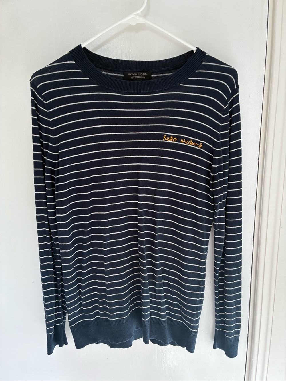 Banana Republic Navy & White Striped Crewneck Sweater with Yellow Embroidery